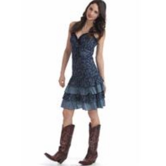 None Dresses & Skirts - Boutique Blue Denim Dress with Ruffle Layer Skirt and Spaghetti Straps Western